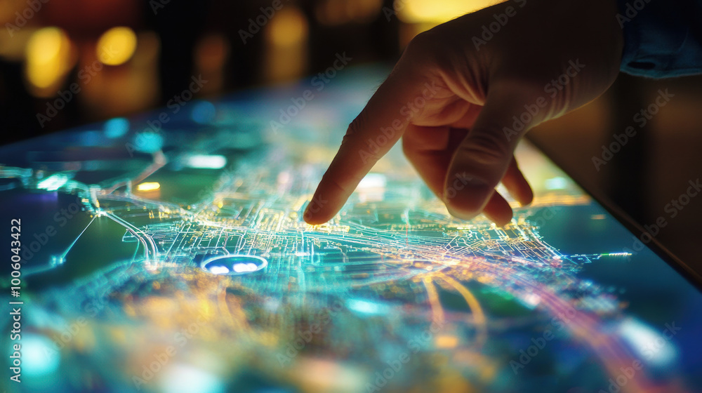 Poster hand touching floating 3d map with traffic flow visualization, showcasing vibrant city lights and in