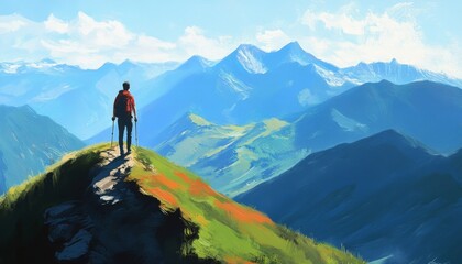 A hiker stands on a mountain peak overlooking a stunning mountain range.
