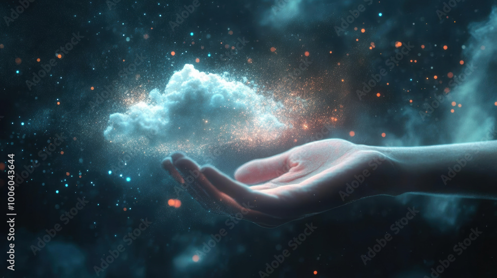 Poster hand holds holographic cloud interface surrounded by glowing data points and particles, creating mys