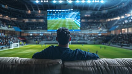 A man is sitting on a couch in a stadium watching a soccer game