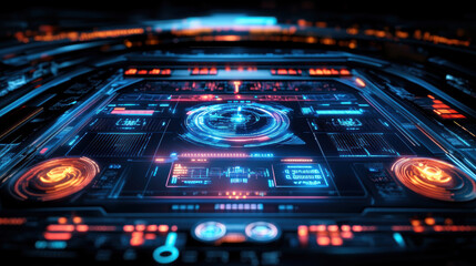 Obraz premium futuristic holographic display showcasing spaceships control panel, featuring vibrant blue and orange lights, intricate digital interfaces, and advanced technology elements