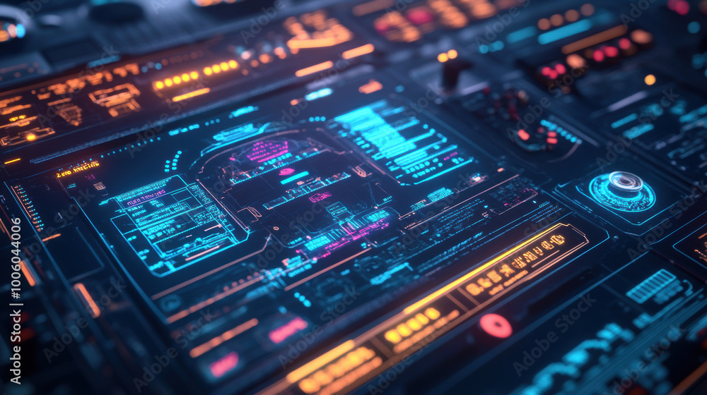 Poster Futuristic holographic interface displaying advanced flight controls and data. vibrant colors and intricate design create immersive technological experience