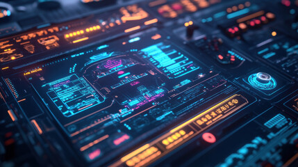 Obraz premium Futuristic holographic interface displaying advanced flight controls and data. vibrant colors and intricate design create immersive technological experience