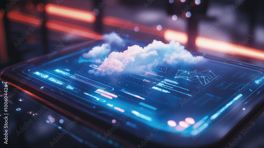 Poster futuristic holographic weather forecast dashboard displays cloud hovering above digital data and gra