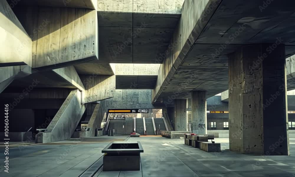 Poster brutalist bus terminal with angular concrete canopies and stark, exposed structures, creating a sens