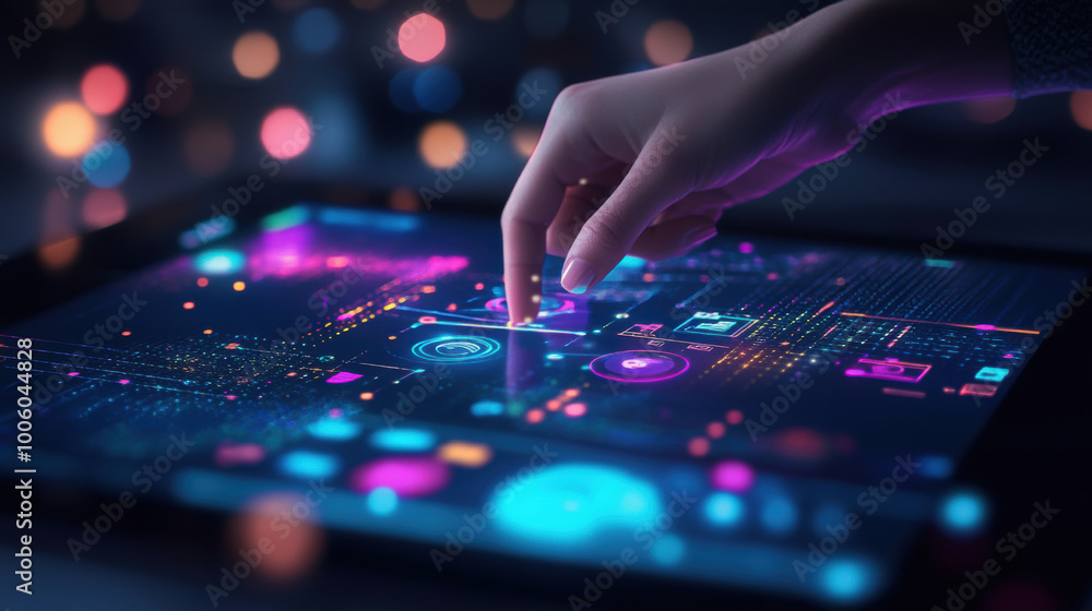 Poster person is adjusting controls of digital interface with vibrant colors and glowing elements, showcasi