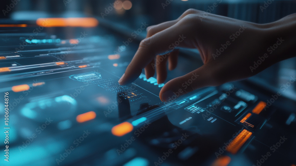 Poster person adjusting virtual sliders on floating touchscreen interface, showcasing advanced technology a