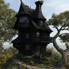A whimsical black fantasy house surrounded by lush greenery and a picturesque landscape, perfect for enchanting storytelling.