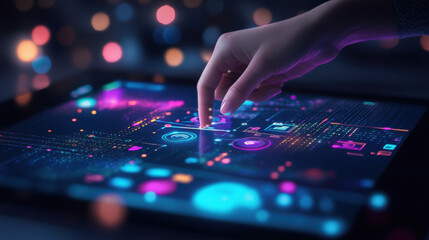 Fototapeta premium person is adjusting controls of digital interface with vibrant colors and glowing elements, showcasing modern technology and interaction