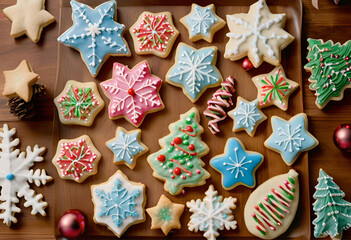 colorful christmas cookies on table