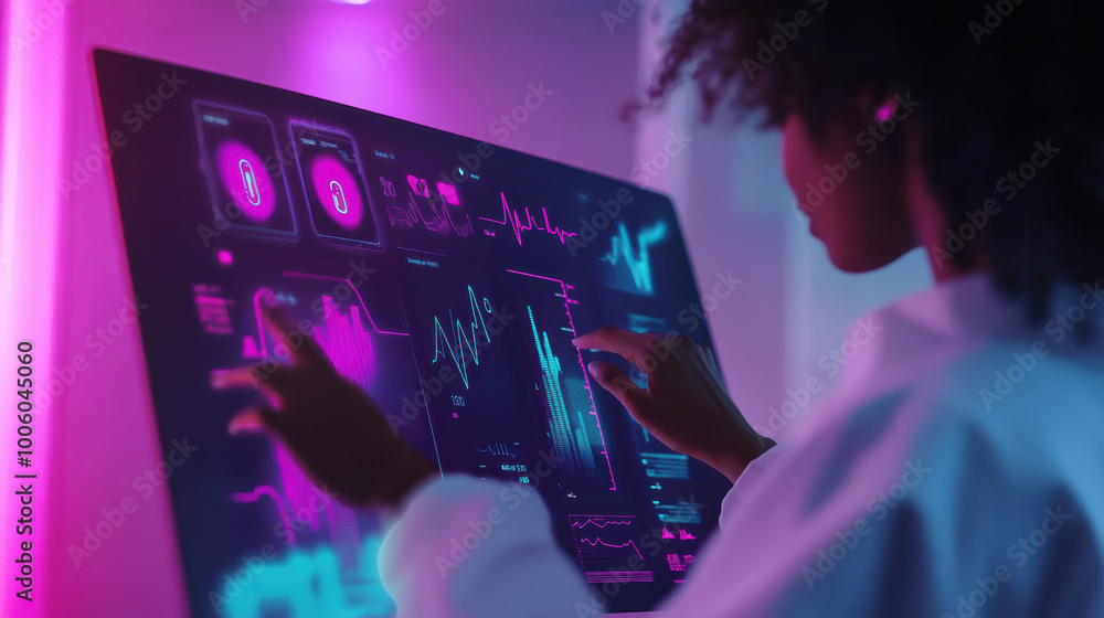 Poster person interacting with floating health data display, showcasing vibrant graphs and metrics. atmosph