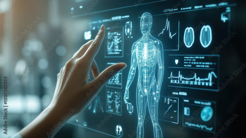 Poster person interacting with floating health data display, showcasing anatomical and health metrics. adva