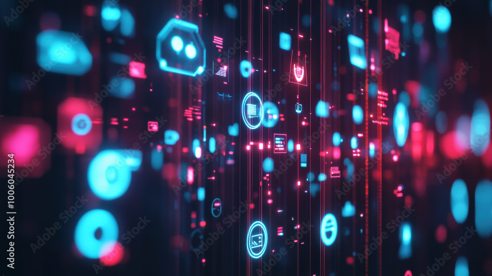 Aufkleber digital icons and symbols float in vibrant, colorful display, representing global connectivity and t
