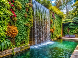 Inviting water wall cascade surrounded by vibrant greenery creates a tranquil outdoor space, offering a serene retreat where nature and peaceful sounds intertwine seamlessly.