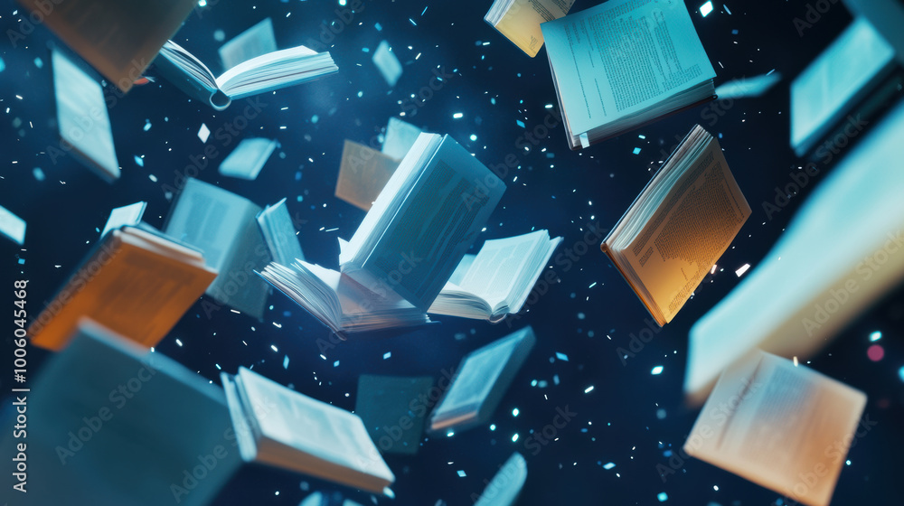 Poster virtual library of documents floating in space creates mesmerizing scene filled with knowledge and i