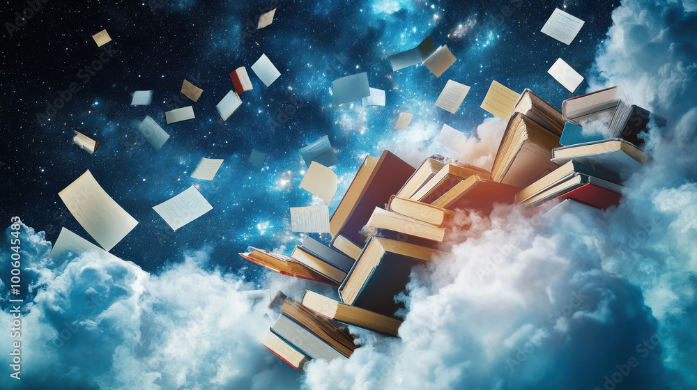Poster virtual library of floating books and documents in cosmic setting, surrounded by clouds and stars, e