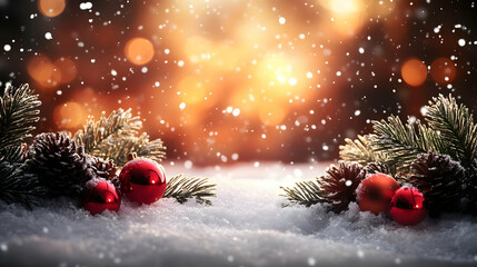 Winter Wonderland: Sparkling Snow, Pine Branches & Red Ornaments