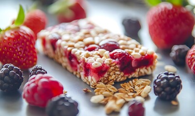 Fototapeta premium Energy bar with strawberries and nuts, Generative AI 