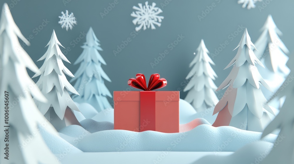 Poster abstract 3d christmas scene with angular snowflakes and cones representing trees, all surrounding an