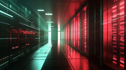 Fototapeta premium virtual representation of server room with illuminated red and green lights, showcasing futuristic design. corridor is lined with server racks, creating high tech atmosphere