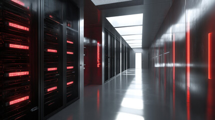 Fototapeta premium virtual representation of server room with sleek black cabinets and glowing red lights. modern design creates high tech atmosphere, emphasizing advanced technology within