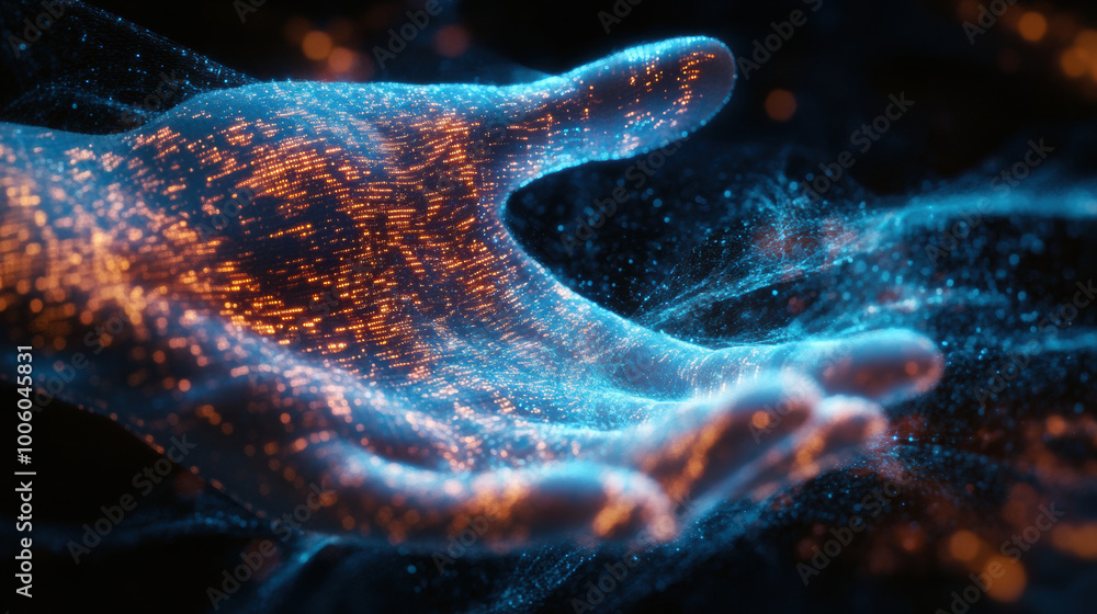 Poster digital waves of data are being shaped by hand gesture, creating mesmerizing visual effect. glowing 