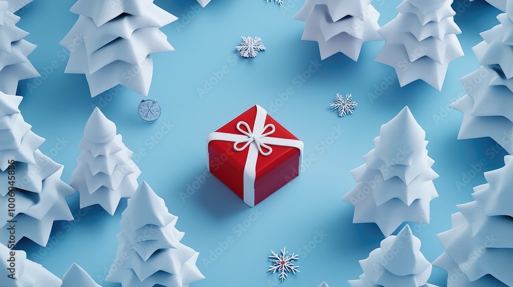 Poster abstract 3d christmas scene with angular snowflakes and cones representing trees, all surrounding an