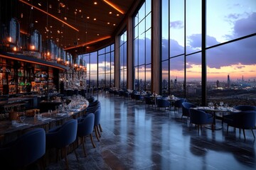 Fototapeta premium A stunning luxury restaurant featuring an elegant interior and panoramic cityscape views through expansive windows, exuding sophistication and modernity.