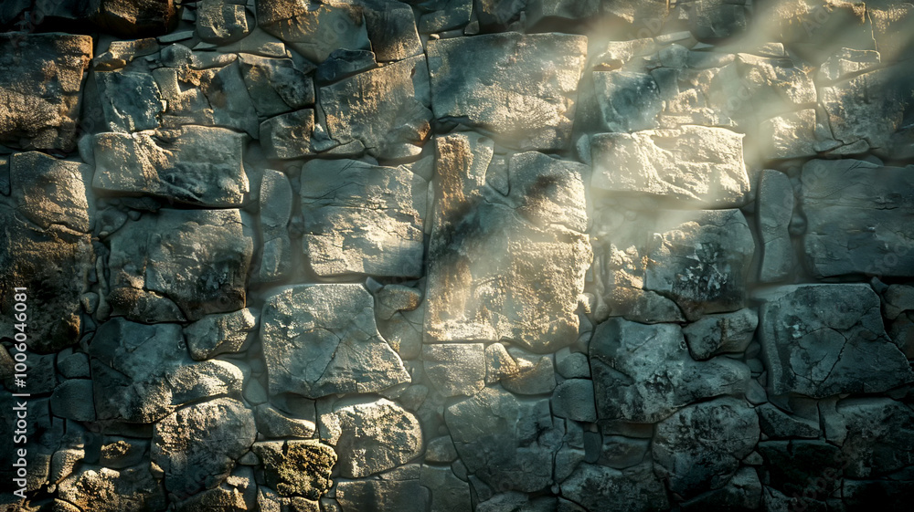 Poster mysterious stone wall illuminated by soft rays of light in an ancient setting