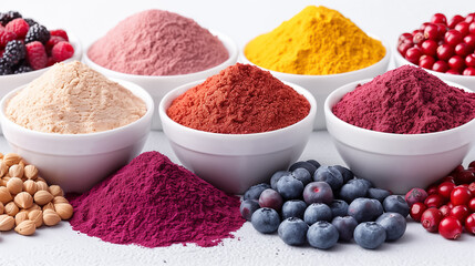Various bowls filled with vibrant natural powders showcase rich colors alongside fresh berries, creating an appealing and healthy culinary arrangement