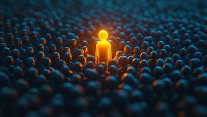 A person standing out in the crowd of people, a glowing figure among dark figures. Conceptual illustration representing a leader or professional individual with a strong personality and confidence