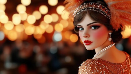 Fototapeta premium 1920s flapper girl with a beaded dress, feather headband, and pearls, dancing at a speakeasy, Halloween costume, vintage fashion concept