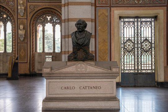 Grave of Carlo Cattaneo at Famedio, Holl of Fame, in Milan Monumental Cemetery, an open-air museum opened in 1866 with the graves of the great families and art. Milan, Italy 10.01.2024