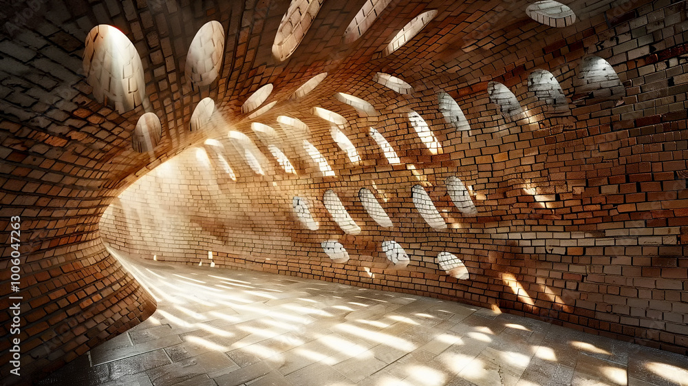 Poster sunlight streaming through unique brickwork in a modern architectural corridor