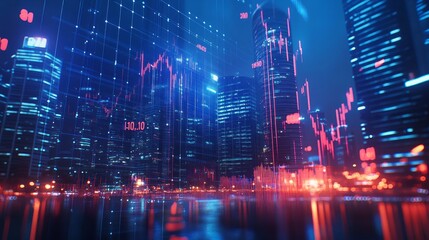 Obraz premium Stock market changes, business chart with changing lines and numbers. Double exposure with building skyscrapers in Singapore. Concept of forex and online trading,