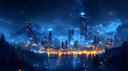 Cityscape Under a Starry Night with Mountains and Forest