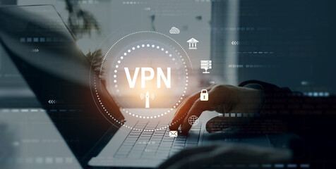 VPN(Virtual Private Network) secure connection.Remote server private internet network to protect privacy personal data.Digital connection between computer and a remote server owned VPN provider.