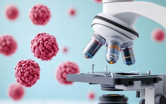 Pap smear test results displayed under a microscope, showing early signs of cervical cancer cells, Cervical cancer, laboratory analysis concept