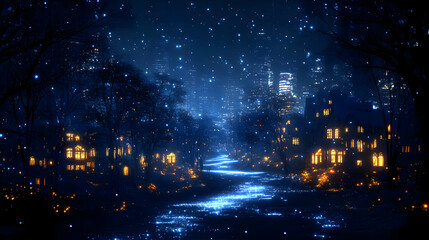 Obraz premium Enchanted Cityscape: Nighttime Streetscape with Twinkling Lights and Snowfall