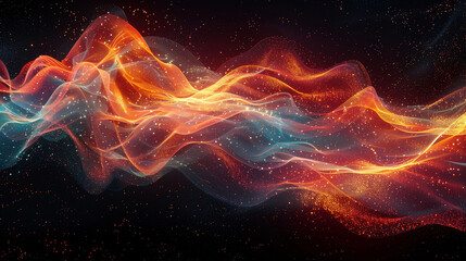 Obraz premium Digital Art of Neon Red and orange Data Streams Forming an Ocean Wave Against a Black Background, Featuring Glowing Textures and Particles for a Realistic and Futuristic Tech Aesthetic