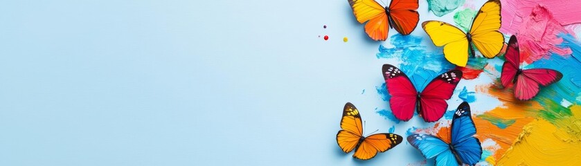 Naklejka premium Multicolored butterflies emerging from an artist's paint palette, representing the freedom of imagination