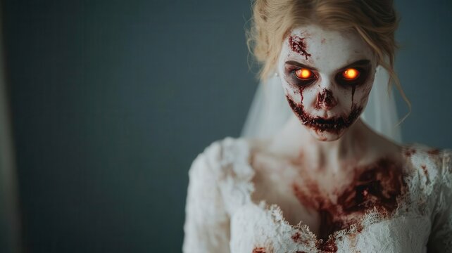 Zombie bride with torn wedding dress, bloodstains, and eerie glowing eyes, Halloween costume, undead horror concept