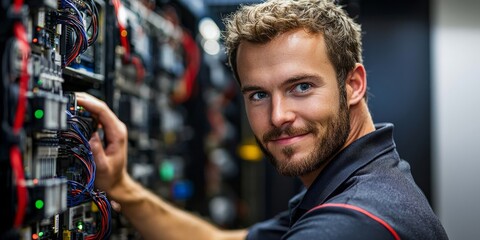 Telecommunications engineer configuring network devices, using advanced software tools, busy server room setting