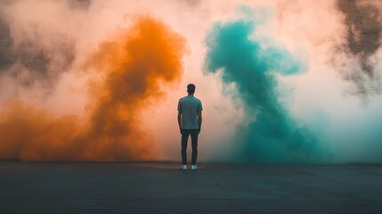 Man standing between orange and green smoke clouds in a foggy atmosphere