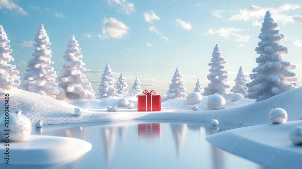 Poster soft 3d christmas landscape with curved trees and abstract shapes surrounding a wide empty space in 