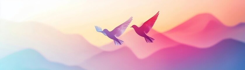 Obraz premium Vivid dreamlike birds made of abstract colors flying over a surreal mountain range, symbolizing freedom of thought