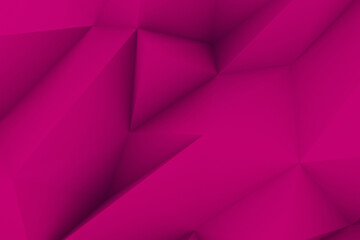A vivid magenta 3D background featuring a geometric polygon design with crystal-like facets and triangular shapes, offering a low poly abstract art illustration