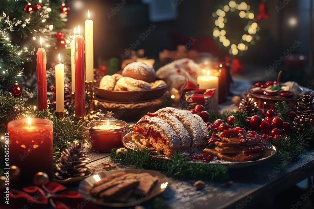 Poster a table is set with a variety of food and candles, creating a warm and festive atmosphere. the table