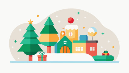 A minimalist flat-style vector illustration of a Christmas village featuring houses, pine trees, and wrapped gifts, creating a festive and playful holiday scene.
