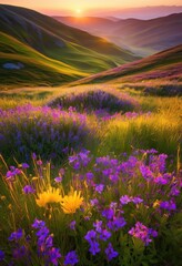 vibrant colorful blooming meadows illuminated soft sunrise light lush green grass scenic nature view, aerial, aroma, beauty, bright, canvas, countryside
